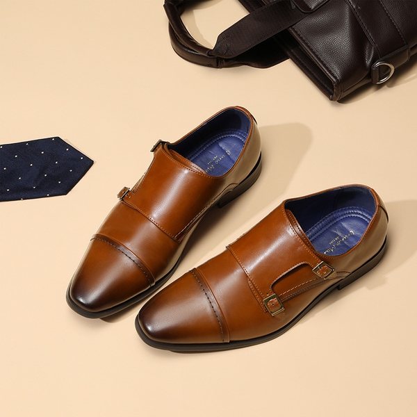 Men's Wide Monk Strap Oxford Shoes - CAMEL - 8